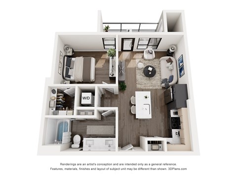 Floor plan for 1 bed, 1 bath, 697 sqft